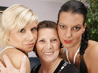 Three naughty old and young lesbians do it on the couch